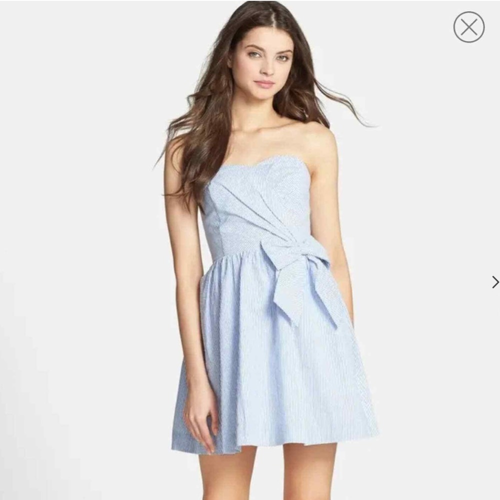 Lilly Pulitzer Henrietta Blue White Seersucker Stripe Strapless Bow Dress